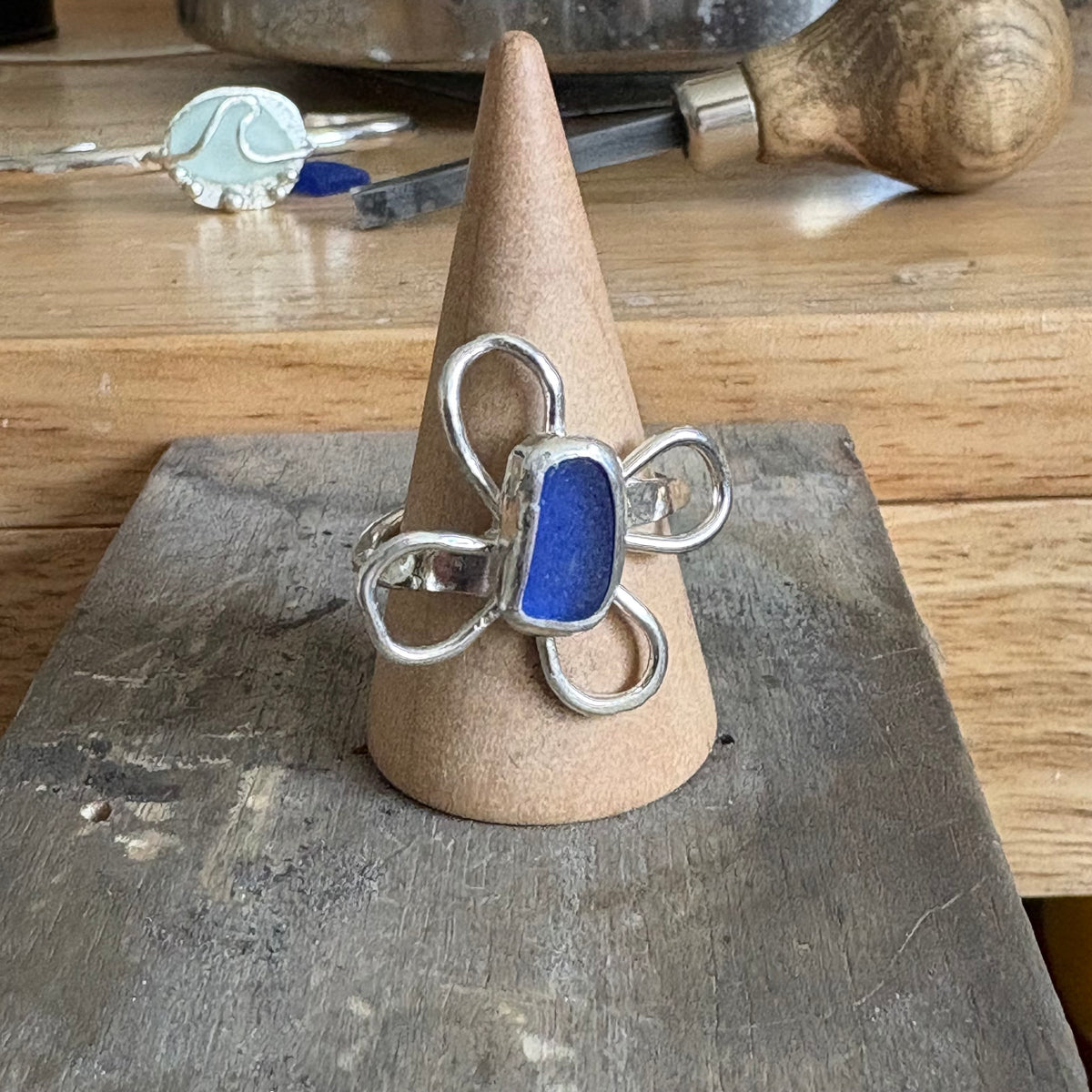 Cobalt Blue Sea Glass Sterling Silver Flower Ring Size 9.5