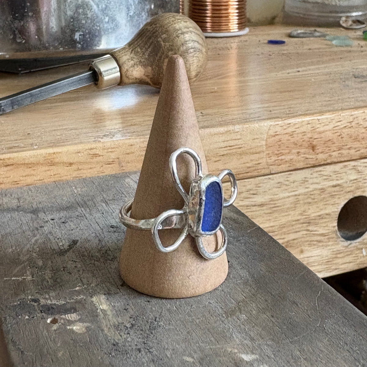 Cobalt Blue Sea Glass Sterling Silver Flower Ring Size 9.5