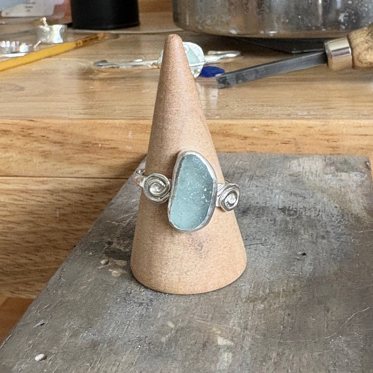 Sea Foam Sea Glass Sterling Silver Swirl Ring – Size 8