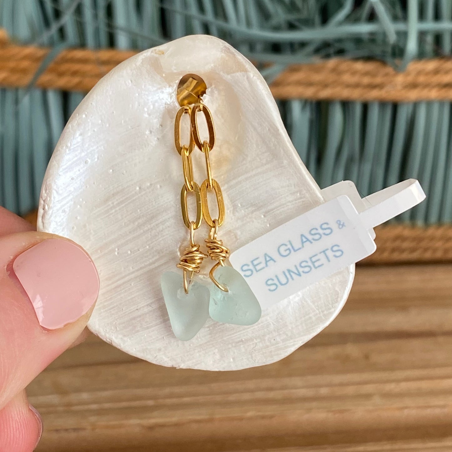 Gold Sea Foam Sea Glass Paperclip Earrings