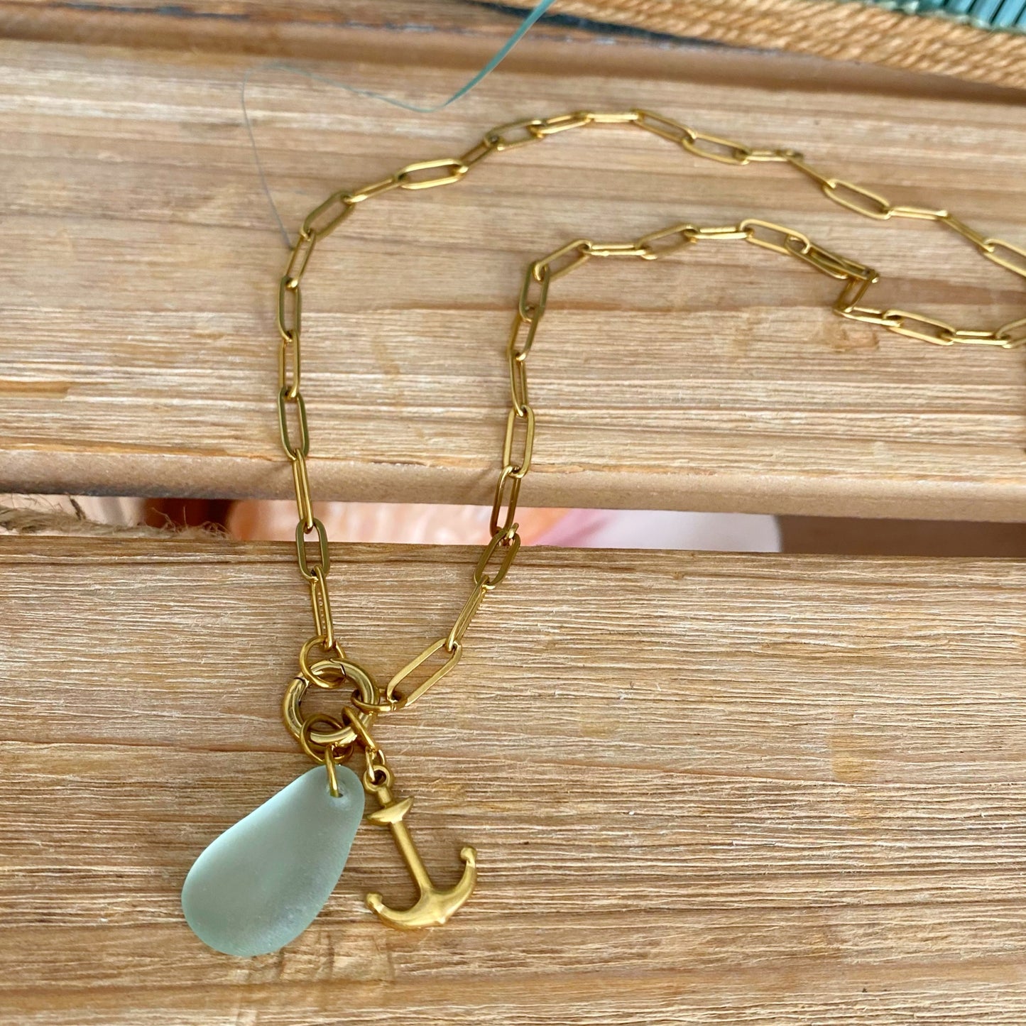 Gold Sea Foam Sea Glass Anchor Necklace
