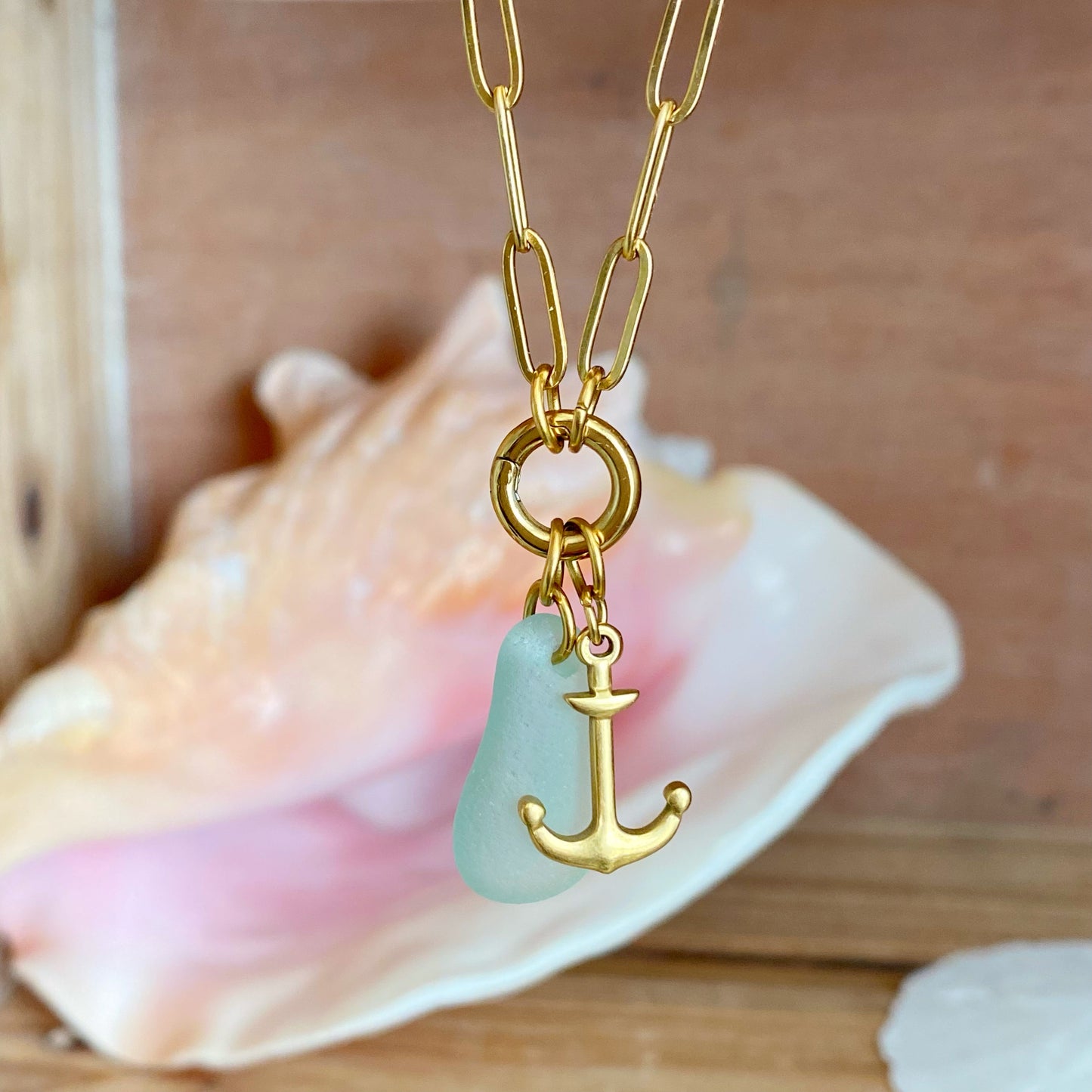 Gold Sea Foam Sea Glass Anchor Necklace