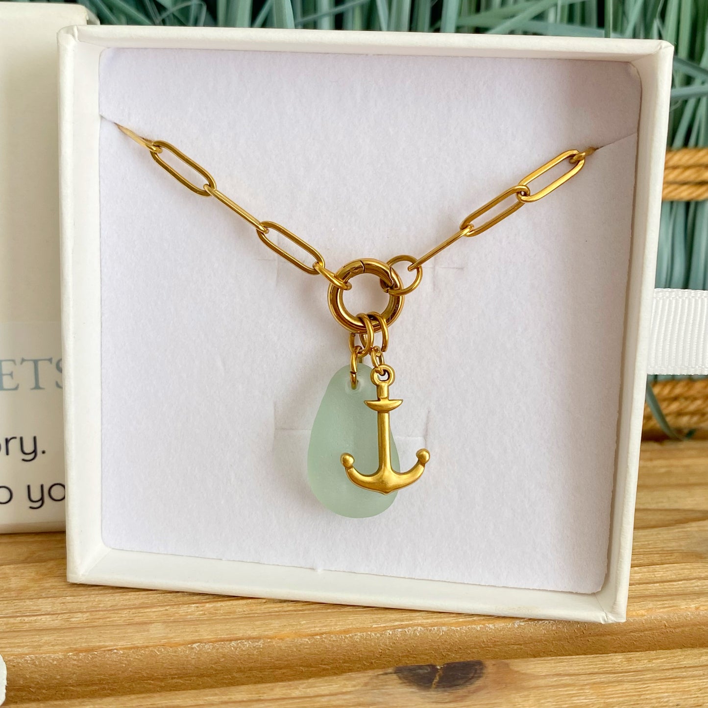 Gold Sea Foam Sea Glass Anchor Necklace