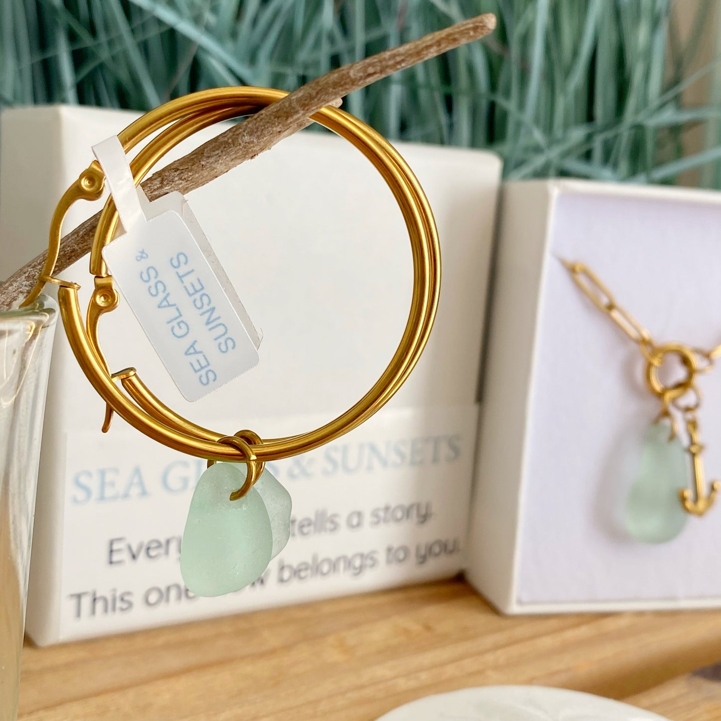 Gold Sea Foam Sea Glass Anchor Necklace