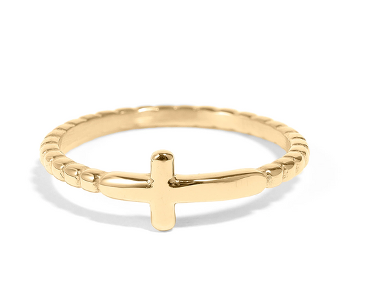 18K Gold PVD Stainless Steel Beaded Cross Stacking Ring