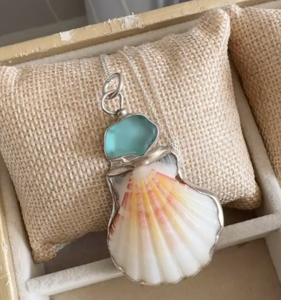 Aqua Sea Glass & Calico Scallop Shell Sterling Silver Necklace