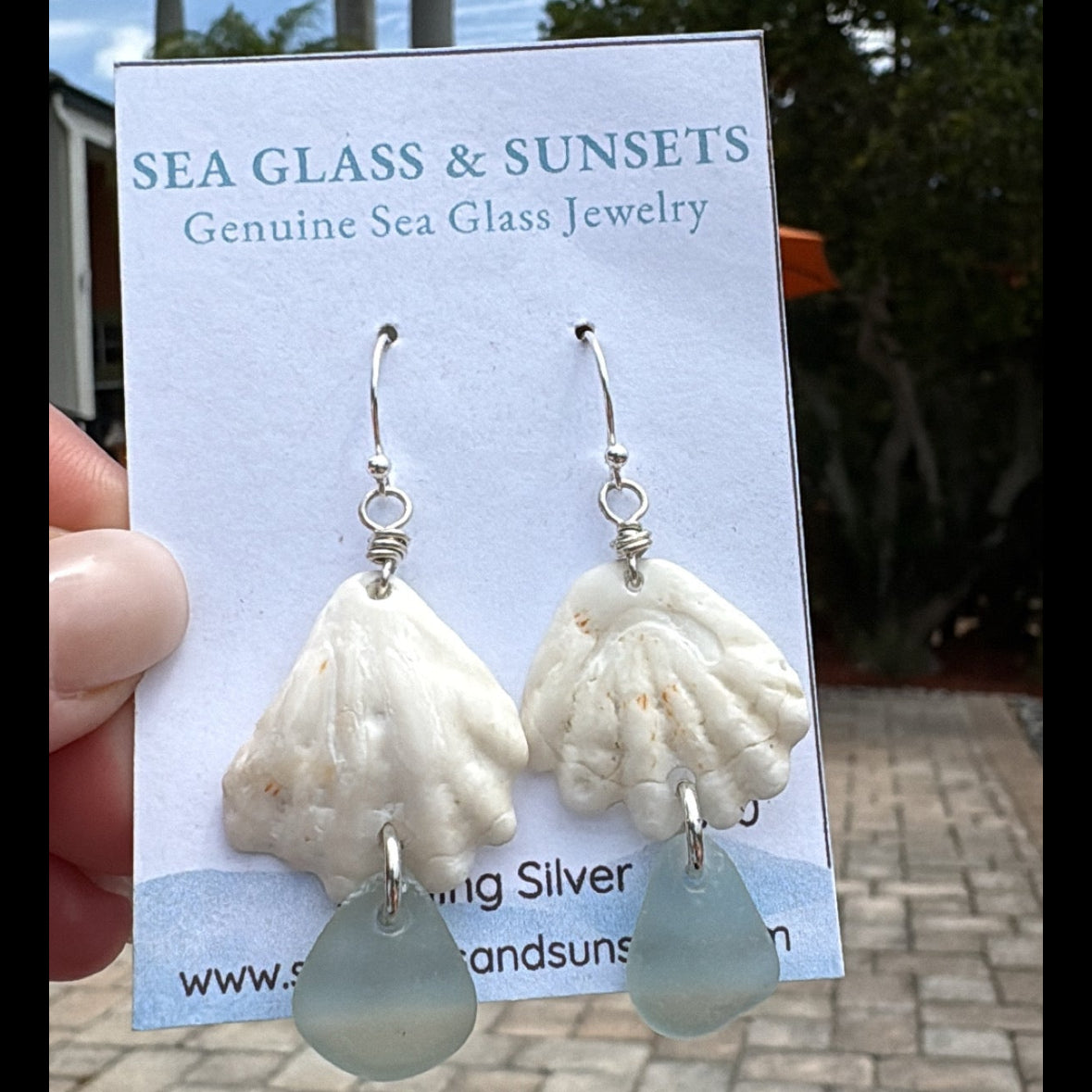 kitten paw shell earrings with sea foam sea glass