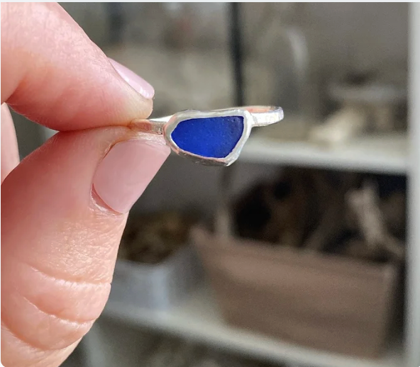 cobalt blue sea glass minimal ring sterling silver