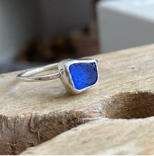 blue sea glass sterling ring