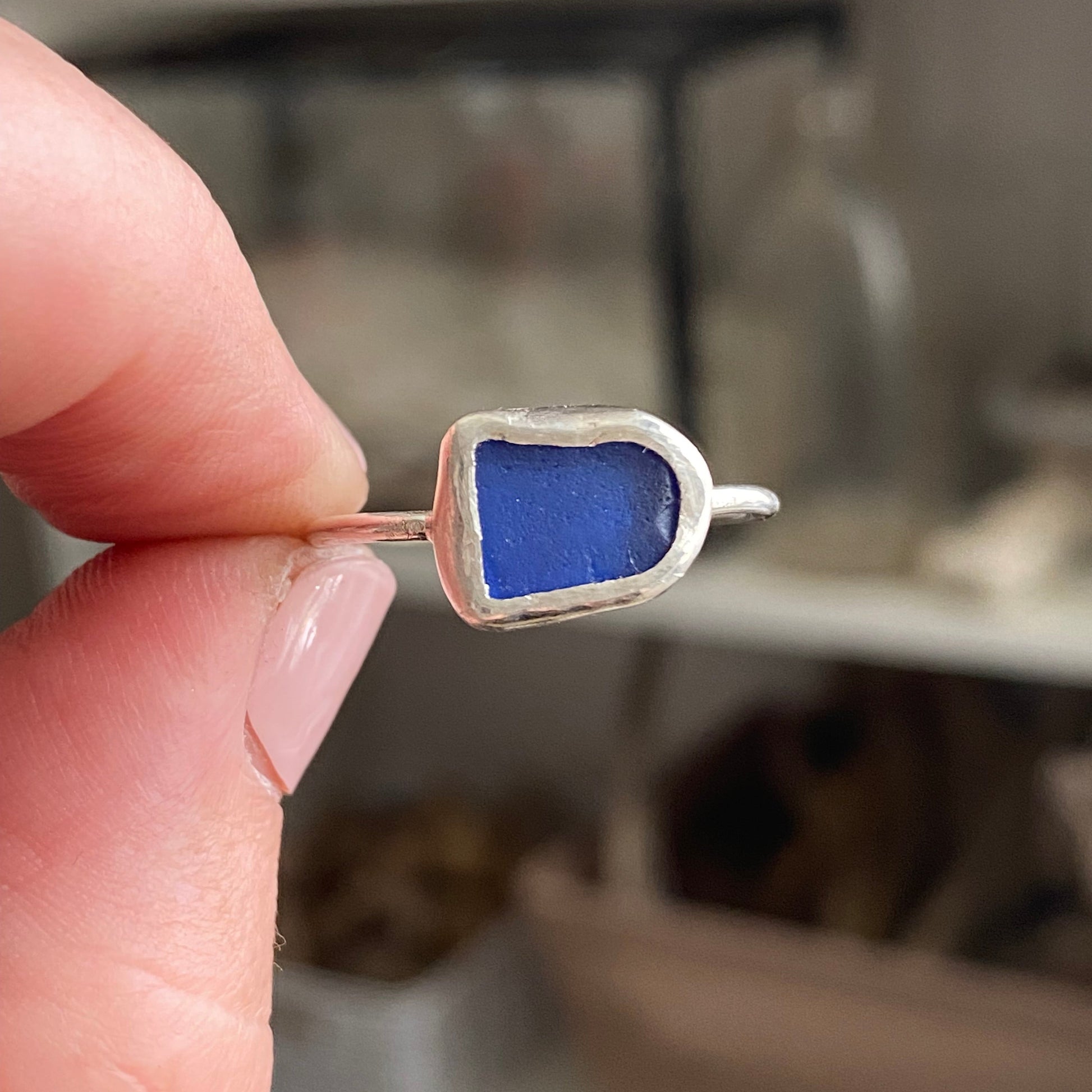 blue sterling silver sea glass ring