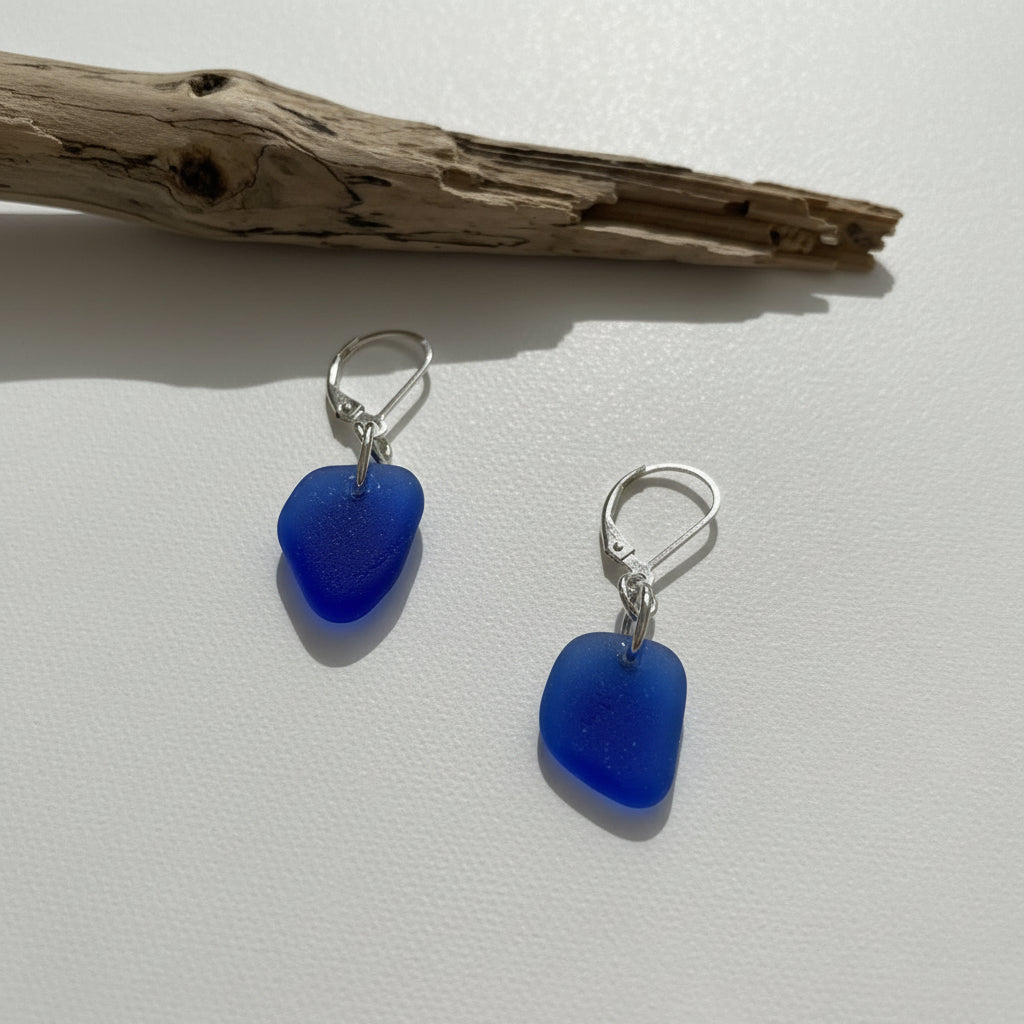 Simple Cobalt Blue sea glass earrings | Dangle Earrings | Silver Beach Glass