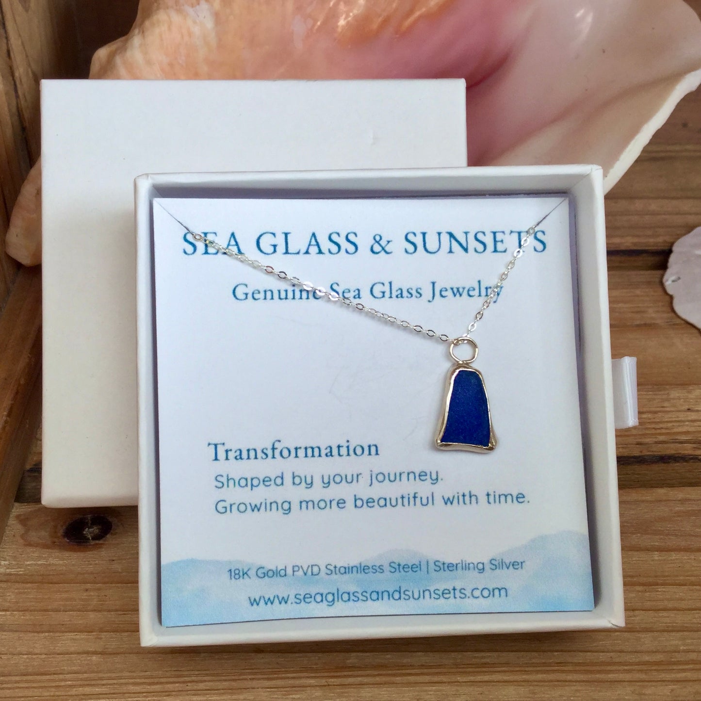 cobat blue sea glass open bezel necklace