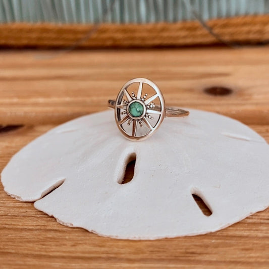 compass ring with genuine turquoise in sterling silver