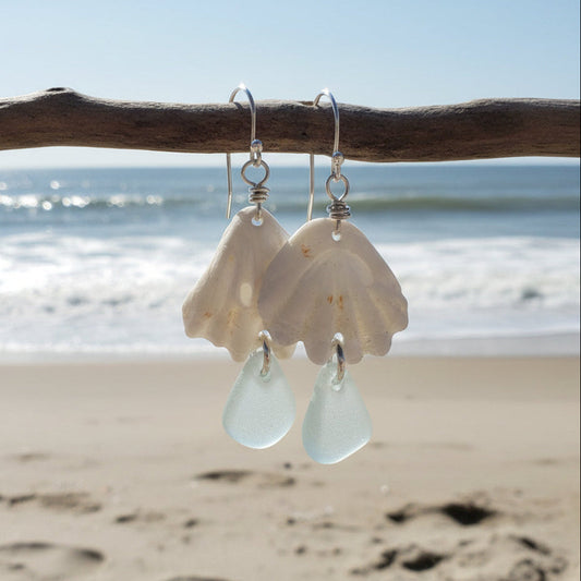 kitten paw shell earrings with sea foam sea glass