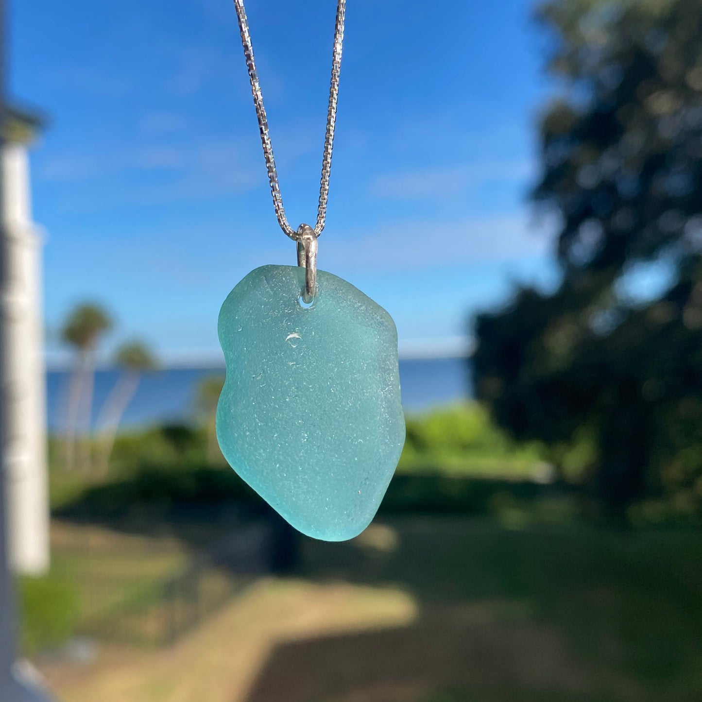large teal sea glass necklace organic shape