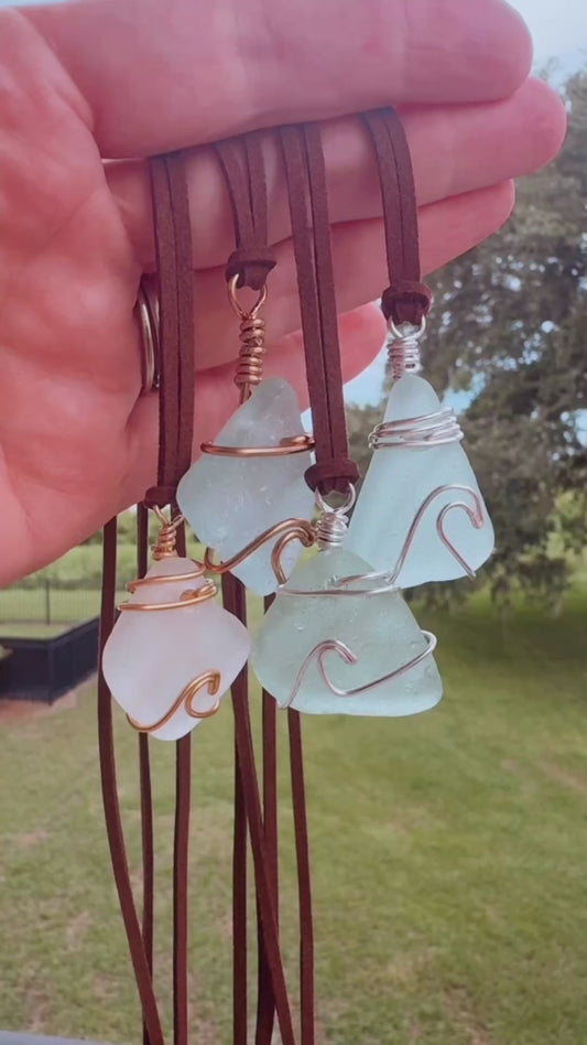 Genuine Sea Glass Wave Pendant on Suede Cord