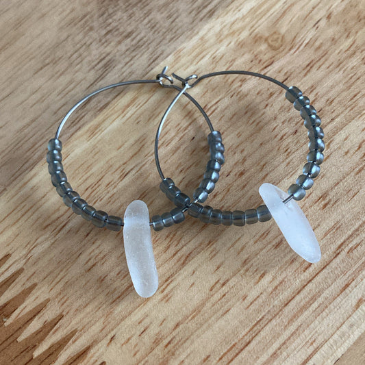stainless steel clear sea glass hoop earrings