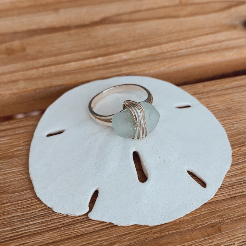 sterling silver wire wrapped sea glass ring