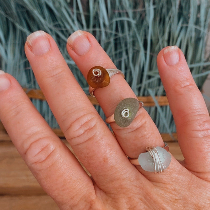 sterling silver wire wrapped sea glass ring